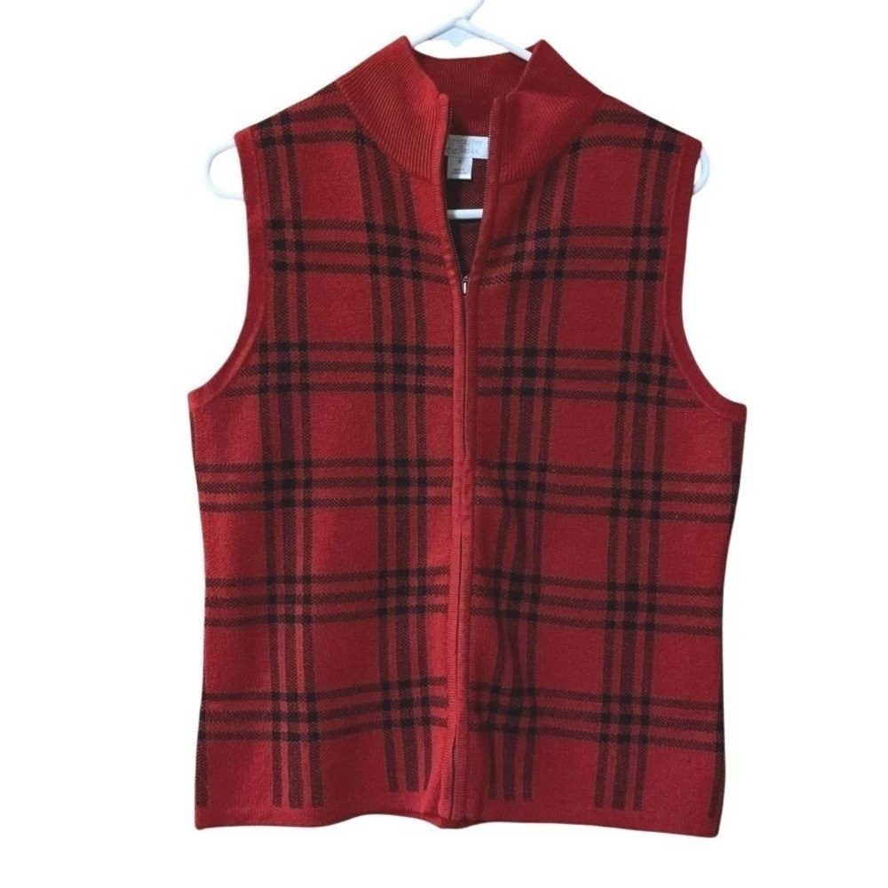 Christopher & Banks Red Black Plaid Zip Up Vest Sweater Small Christmas Holiday